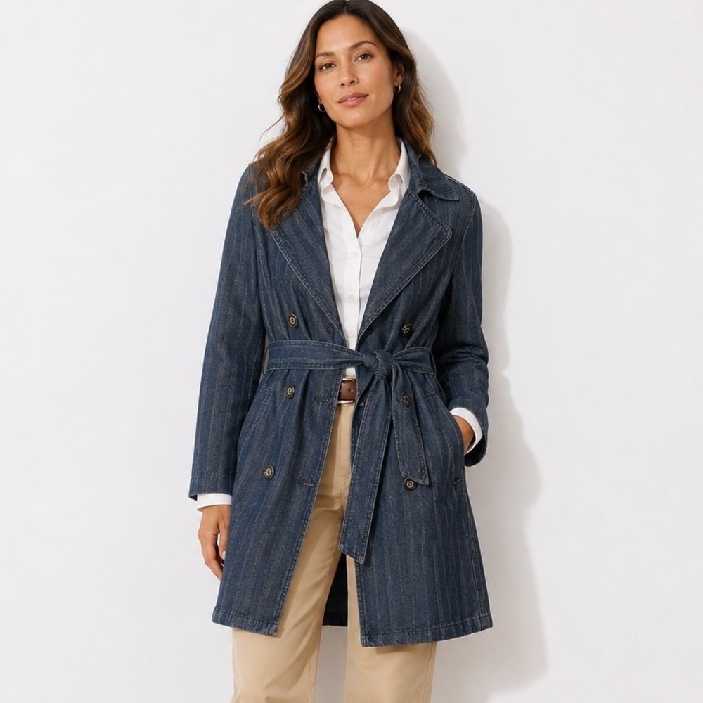 Chicos Dark Wash Denim Trench Coat Double Breasted Herringbone Long Jacket Sz 1 - Picture 1 of 13